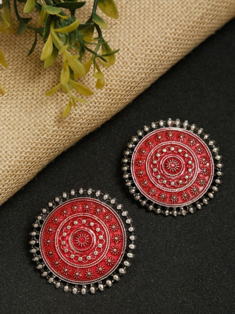 

Dhrohar Red & Silver-Plated Oxidised Circular Studs Earrings