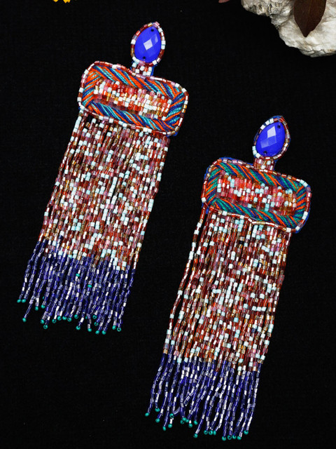 

Dhrohar Blue & Red Beaded Fabric Contemporary Drop Earrings