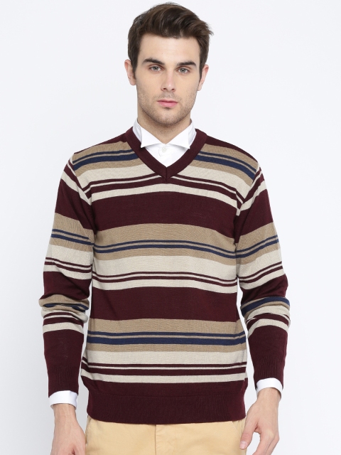 

Raymond Men Maroon & Beige Striped Pullover