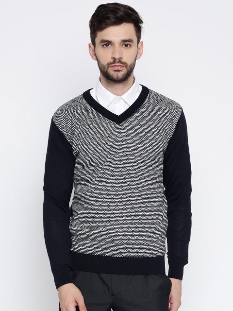 

Raymond Men Navy blue & White Self-Design Pullover Sweater