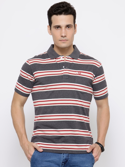 

Duke Men Charcoal Grey & White Striped Polo Collar T-shirt