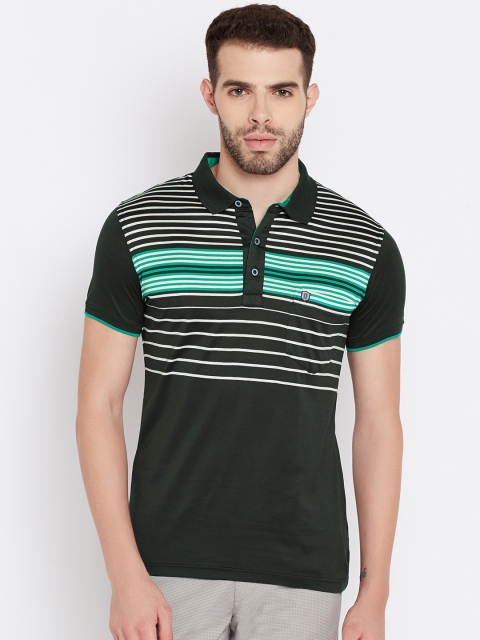

Duke Men Green & White Striped Polo Collar T-shirt