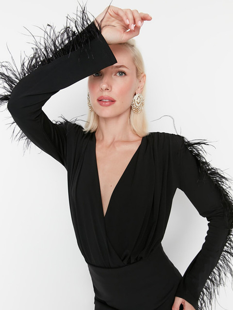 

Trendyol Women Black Wrap Top with Feathered detail