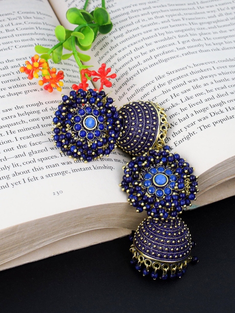 Fashion Frill Blue & Gold-Plated Pearl Studded Floral Jhumkas Earrings