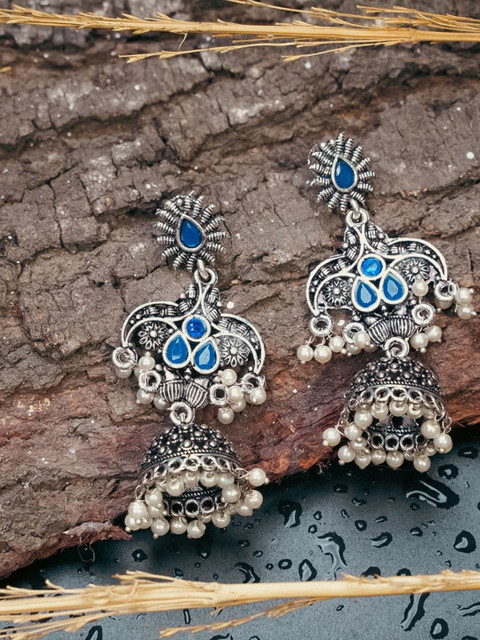 

Indi INSIDE Silver-Plated & Blue Oxidised Classic Jhumkas Earrings
