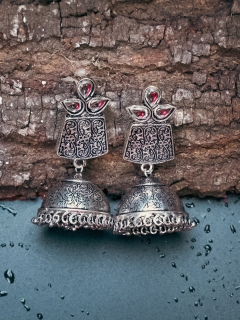 

Indi INSIDE Silver-Plated Oxidised Dome Shaped Jhumkas Earrings