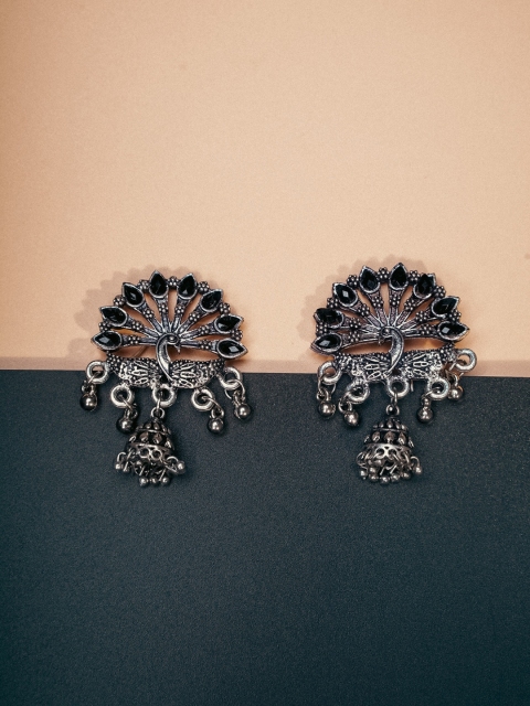 

Indi INSIDE Silver-Plated & Black Oxidised Peacock Shaped Jhumkas Earrings