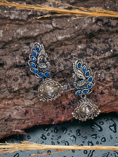 

Indi INSIDE Blue & Silver-Plated Oxidised Peacock Shaped Jhumkas Earrings