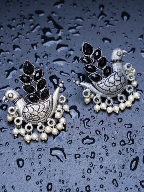 

Indi INSIDE Silver-Plated & Black Oxidised Pigeon Shaped Drop Earrings