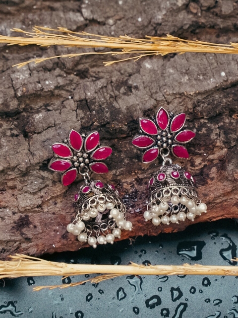 

Indi INSIDE Pink & Silver-Plated Oxidised Floral Jhumkas Earrings