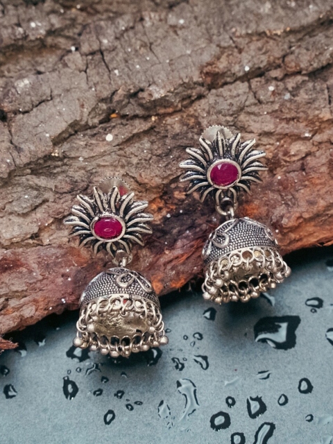 

Indi INSIDE Silver-Plated & Pink Oxidised Dome Shaped Jhumkas Earrings