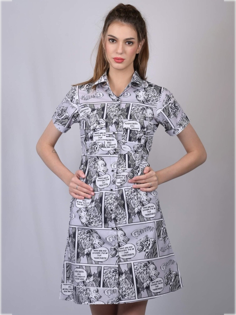 

OWO THE LABEL Women Grey Printed Cotton Shirt Dress