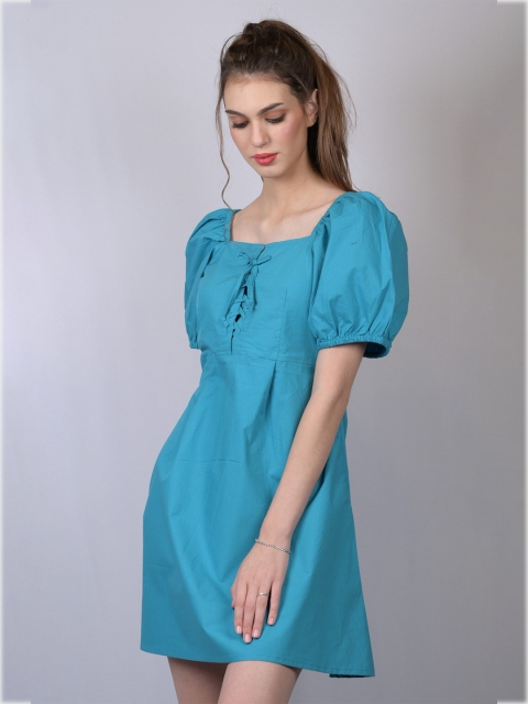 

OWO THE LABEL Women Blue Cotton A-Line Mini Dress