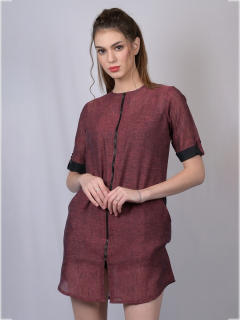 

OWO THE LABEL Women Maroon Linen Shirt Mini Dress