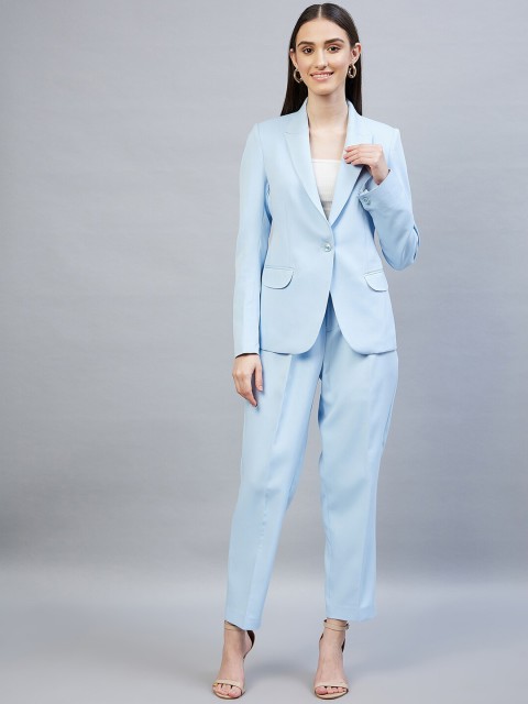 

DELAN Women Blue Solid Blazer & Trouser Co-Ords