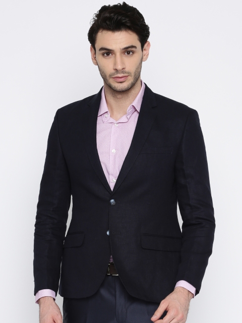 

Parx Men Navy Blue Slim Fit Single-Breasted Linen Formal Blazer
