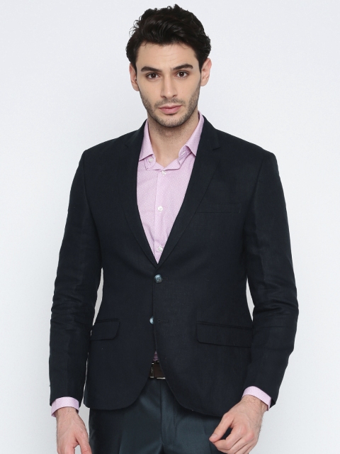 

Parx Men Navy Blue Solid Linen Single-Breasted Slim Fit Blazer