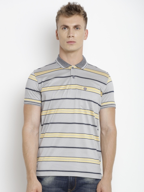 

Duke Men Grey & Yellow Striped Polo Collar T-shirt