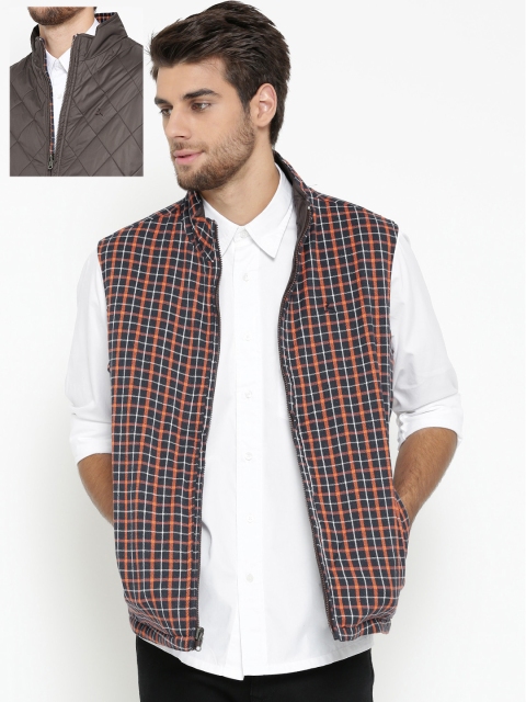 

Parx Men Coffee Brown & Navy Checked Reversible Padded Jacket