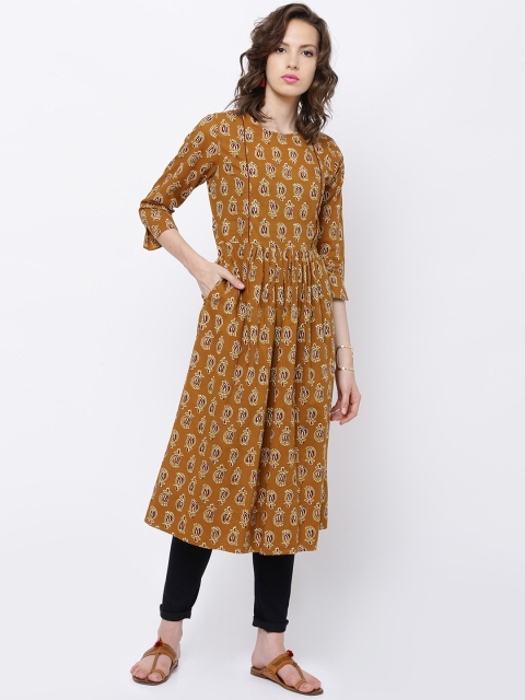 

Vishudh Women Mustard Brown Printed A-Line Kurta