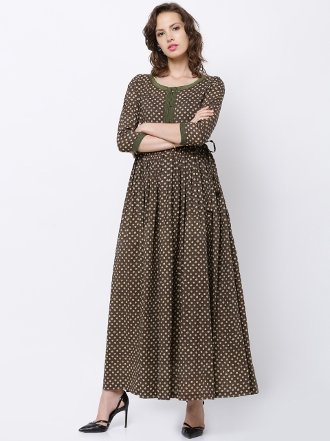 

Vishudh Women Olive Green & Cream-Coloured Printed Anarkali Kurta