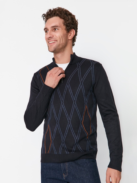 

Trendyol Men Navy Blue Printed Acrylic Pullover