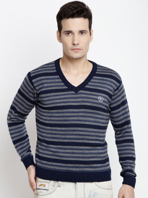 

Duke Men Grey Melange & Navy Blue Woollen Striped Sweater