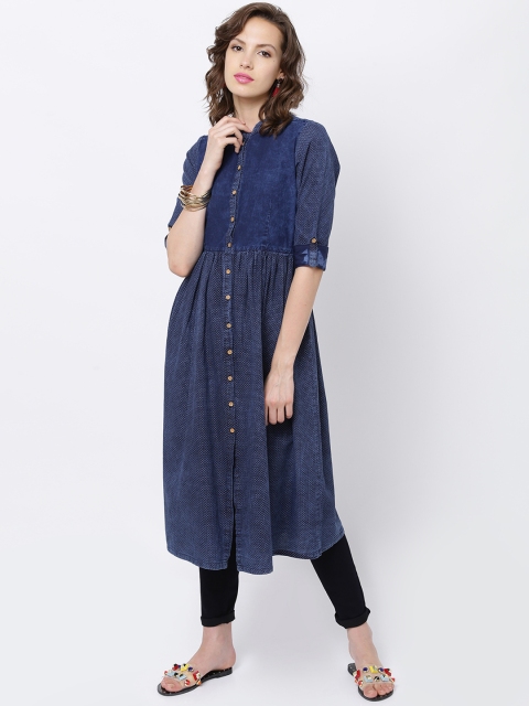 

Vishudh Women Blue Printed Denim A-Line Kurta