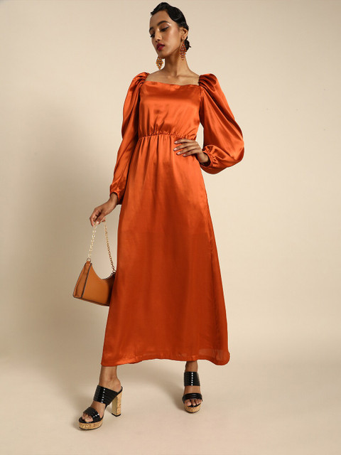 

DODO & MOA Women Orange Solid Long Puff Sleeves Maxi Dress