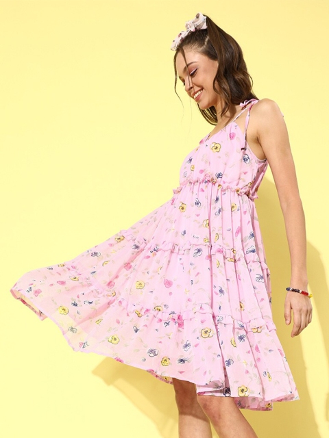 

DODO & MOA Peach Floral Printed Shoulder Straps Fit & Flare Dress