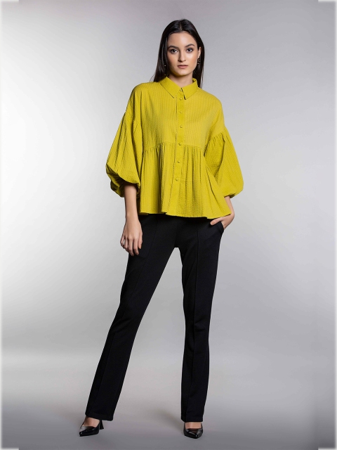 

MKOAL Women Yellow Solid Classic Casual Shirt