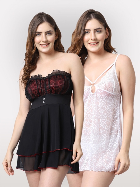 

Shararat Women Set Of 2 Lace Baby Dolls, Black