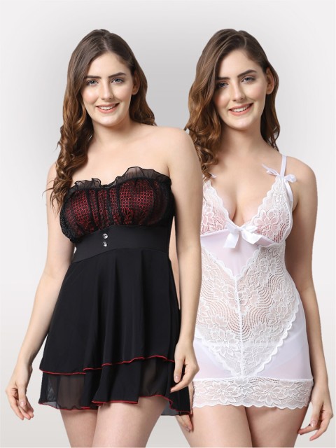 

Shararat Women Set Of 2 Lace Baby Dolls, Black