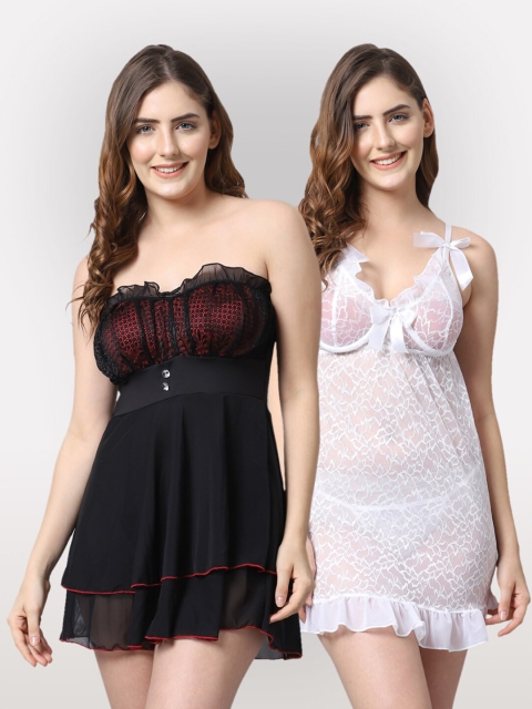 

Shararat Women Set Of 2 Lace Baby Dolls, Black