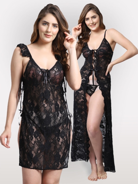 

Shararat Women Set Of 2 Lace Baby Dolls, Black