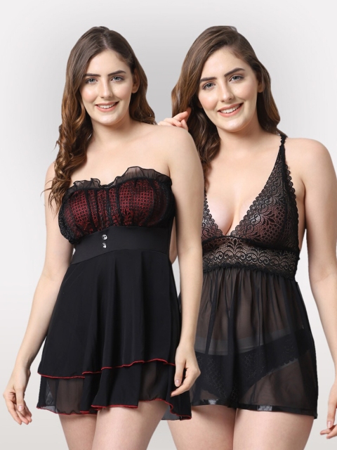 

Shararat Women Set Of 2 Lace Baby Dolls, Black