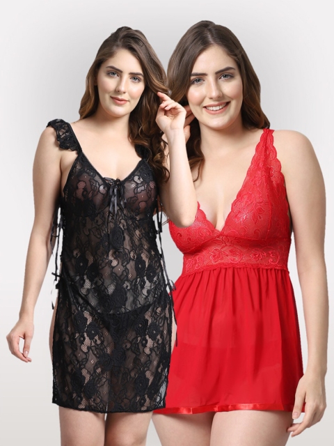 

Shararat Women Set Of 2 Lace Baby Dolls, Black