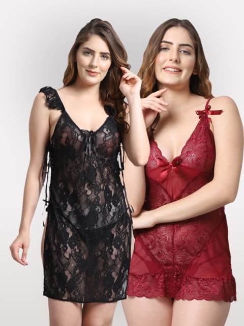 

Shararat Women Set Of 2 Lace Baby Dolls, Black