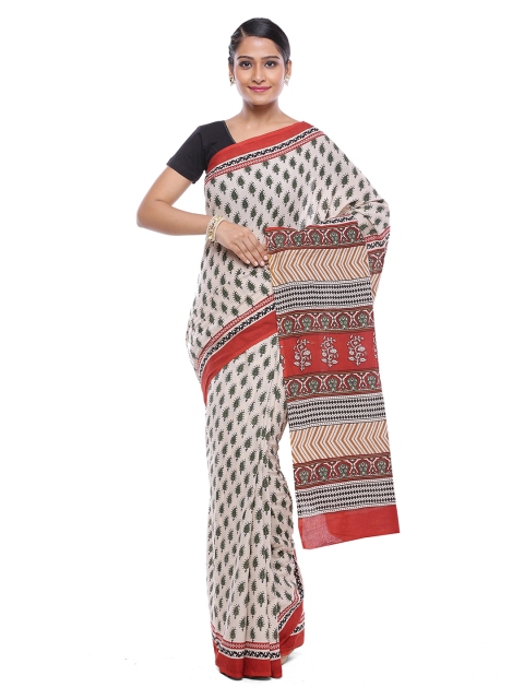 

SOUNDARYA Off-White Printed Pure Cotton Saree
