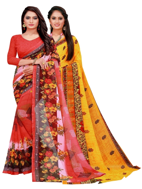 

Silk Bazar Pack Of 2 Red & Yellow Floral Pure Georgette Saree