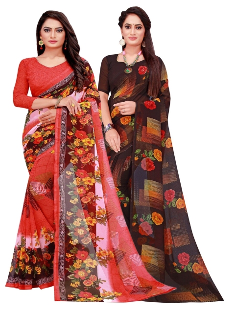 

Silk Bazar Pack Of 2 Red & Black Floral Pure Georgette Saree