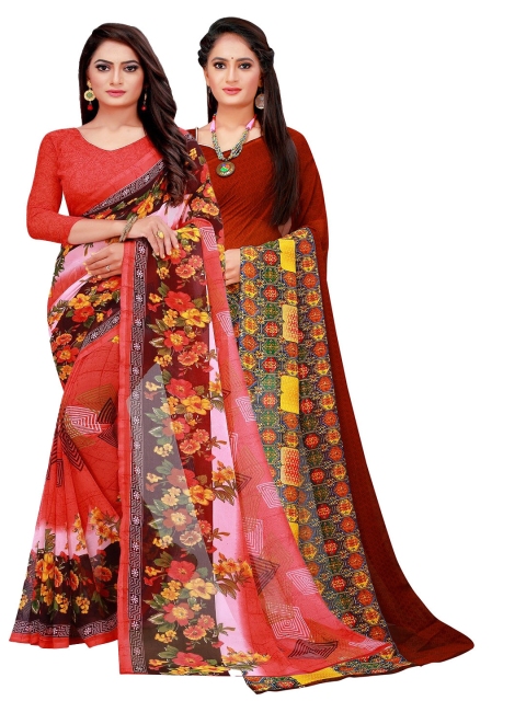 

Silk Bazar Pack Of 2 Red & Maroon Floral Pure Georgette Saree