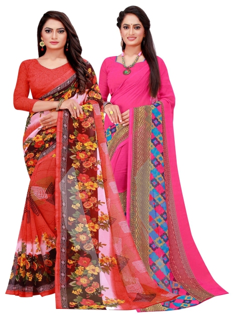 

Silk Bazar Pack Of 2 Magenta & Red Floral Pure Georgette Saree