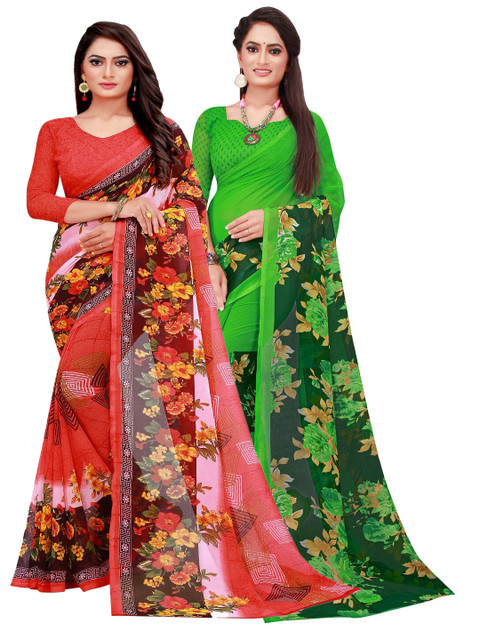 

Silk Bazar Pack Of 2 Red & Green Floral Pure Georgette Saree
