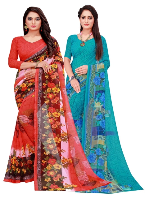 

Silk Bazar Pack Of 2 Teal & Red Floral Pure Georgette Saree