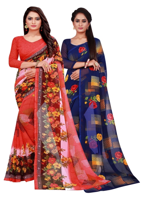 

Silk Bazar Pack Of 2 Red & Navy Blue Floral Pure Georgette Saree