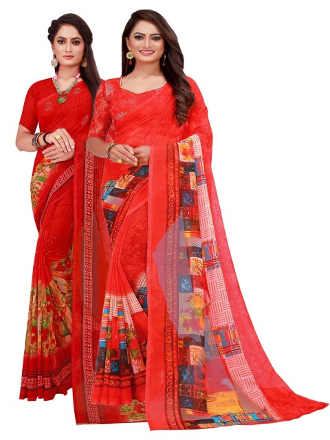 

Silk Bazar Pack Of 2 Red & Peach-Coloured Floral Pure Georgette Saree