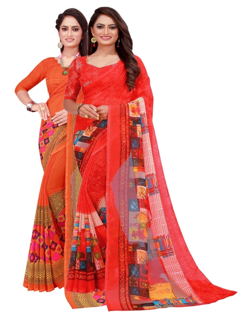 

Silk Bazar Pack Of 2 Peach-Coloured & Red Pure Georgette Saree