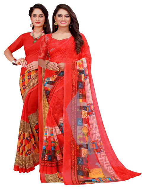 

Silk Bazar Pack Of 2 Red & Pink Pure Georgette Saree