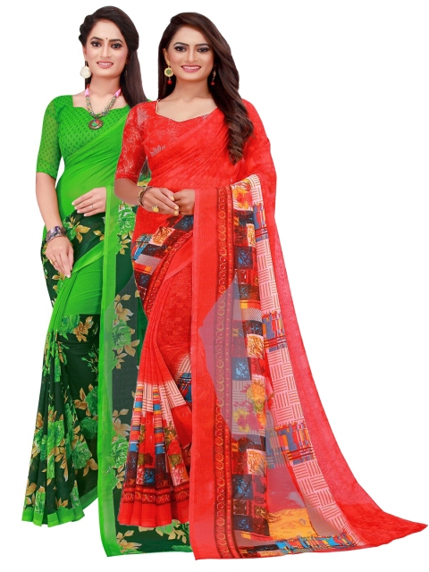 

Silk Bazar Pack Of 2 Red & Green Pure Georgette Saree